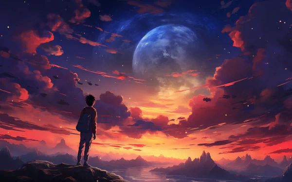 Anime-style painting of a lone figure standing on a cliff at sunset, with a large glowing moon and vivid clouds, rendered as a 4K Ultra HD PC desktop wallpaper.