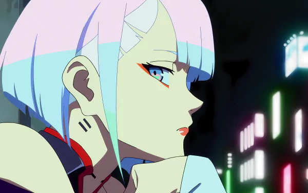 HD desktop wallpaper featuring Lucy from the anime Cyberpunk: Edgerunners, showcasing her side profile with city lights in the background.