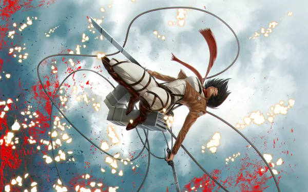 HD desktop wallpaper of Mikasa Ackerman from Attack on Titan, depicted in dynamic mid-air combat against a vivid, splattered red and blue sky background.