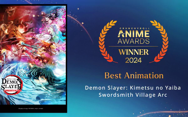 HD PC desktop wallpaper featuring dynamic anime characters from Demon Slayer: Kimetsu no Yaiba, Swordsmith Village Arc, celebrating its 2024 Best Animation Anime Award win.