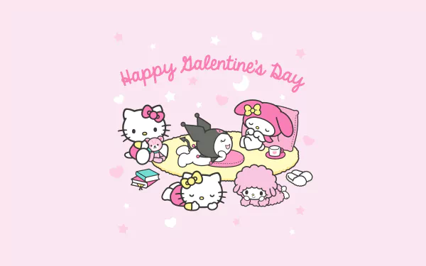 Valentine's Day themed anime wallpaper featuring Hello Kitty and friends from Onegai My Melody series on a soft pink background.