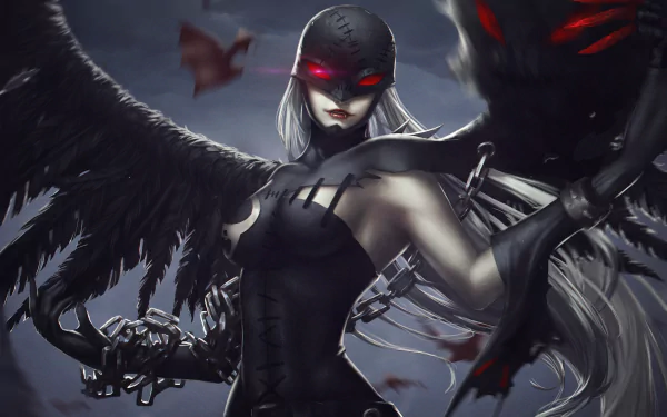 HD desktop wallpaper featuring a dark, masked anime character with black wings and glowing red eyes, tagged with Digimon. The background is an eerie, shadowy setting, enhancing the character's ominous presence.