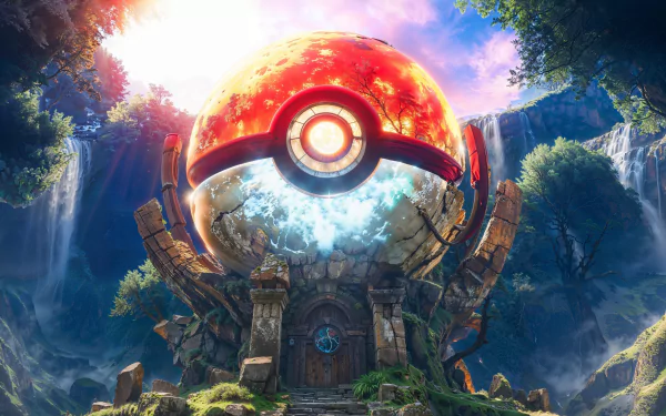 A vibrant HD desktop wallpaper featuring a fantasy landscape with a large, glowing Pokéball surrounded by lush greenery and a serene waterfall, capturing the essence of anime and Pokémon.