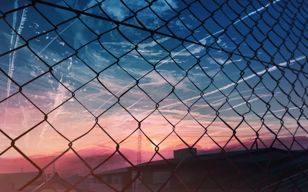 Anime style HD desktop wallpaper featuring a vibrant sunset sky seen through a chain-link fence.