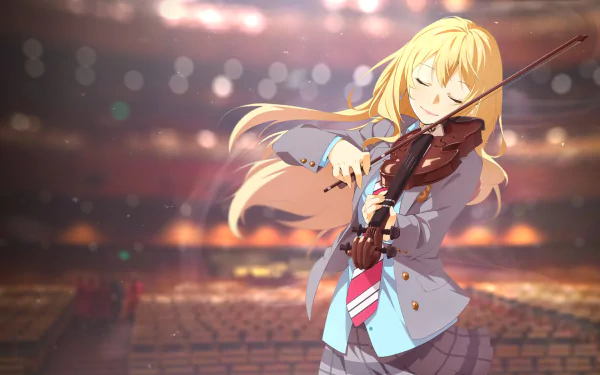 HD desktop wallpaper featuring Kaori Miyazono, a musician from the anime Your Lie in April, playing a violin in a large auditorium. She is wearing a skirt and her hair flows gracefully.