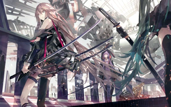 HD wallpaper featuring Vocaloid characters SeeU, Yuzuki Yukari, IA, and Hatsune Miku in an anime-style artwork with a futuristic backdrop.