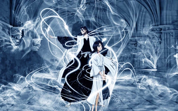 HD desktop wallpaper featuring Byakuya Kuchiki and Rukia Kuchiki from the anime Bleach, surrounded by swirling energy in a dimly lit gothic setting.