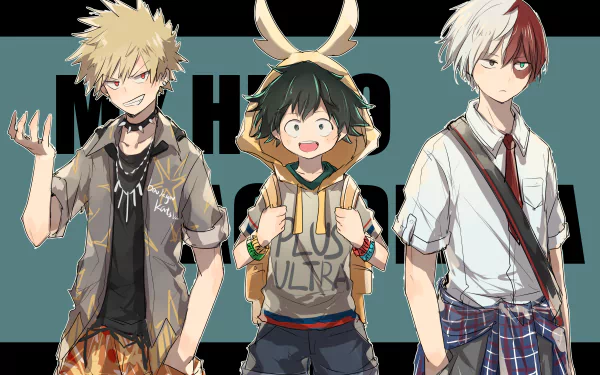 HD desktop wallpaper featuring characters Katsuki Bakugou, Izuku Midoriya, and Denki Kaminari from the anime My Hero Academia in casual attire with the show’s title in the background.