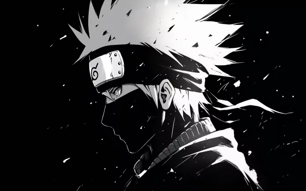 HD desktop wallpaper featuring a monochrome artistic rendition of Kakashi Hatake from Naruto with a dynamic, black background.