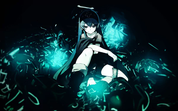 HD desktop wallpaper of Esdeath from Akame Ga Kill! anime. She has long blue hair, a headband, and is smiling while wearing shorts and boots, with a glowing background.