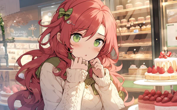 An 8K Ultra HD AI art anime wallpaper featuring a girl with long pink hair and green eyes, standing in a bakery filled with cakes and pastries.