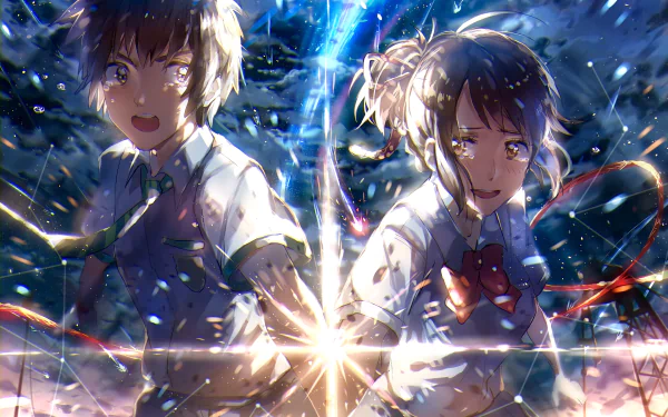HD desktop wallpaper featuring Taki Tachibana and Mitsuha Miyamizu from the anime Your Name. with tears in their brown eyes, holding hands under a starry night sky amid glowing light beams.
