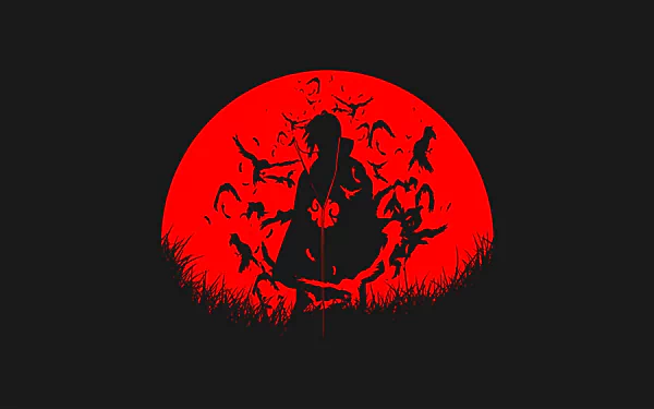 HD desktop wallpaper of Itachi Uchiha from Naruto, featuring a striking silhouette against a red full moon with surrounding black crows.