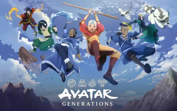 4K Ultra HD anime desktop wallpaper featuring characters from Avatar: The Last Airbender in dynamic action poses against a sky and mountain backdrop.
