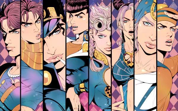 HD desktop wallpaper featuring characters from the anime Jojo's Bizarre Adventure, with a vibrant and detailed illustration style against a patterned background.