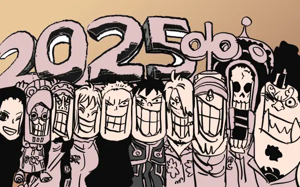 A 4K Ultra HD PC desktop wallpaper featuring stylized black-and-white sketches of One Piece characters with 2025 in bold, playful lettering in the background.