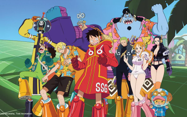 Vibrant 4K Ultra HD One Piece anime wallpaper featuring the Straw Hat Pirates in dynamic poses on a bright green and blue background.
