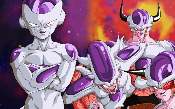 HD wallpaper featuring Frieza in various forms from Dragon Ball Z, set against a cosmic starry background.