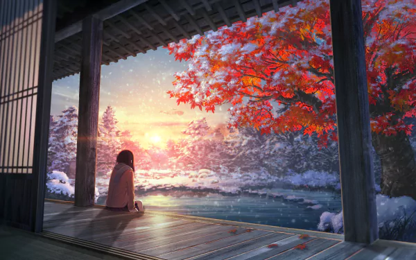 HD anime desktop wallpaper featuring a serene sunrise scene with a person sitting under a wooden structure, gazing at a snowy landscape and a vibrant red tree in the background.