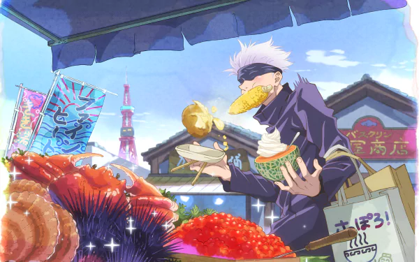 HD desktop wallpaper featuring Satoru Gojo from Jujutsu Kaisen enjoying street food at a market, with vibrant stalls and anime-style scenery in the background.