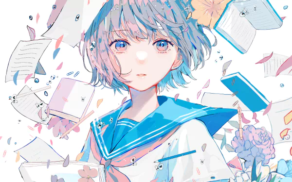 HD anime girl desktop wallpaper featuring a girl in a blue sailor uniform with short hair, surrounded by floating papers and books against a light colorful background.