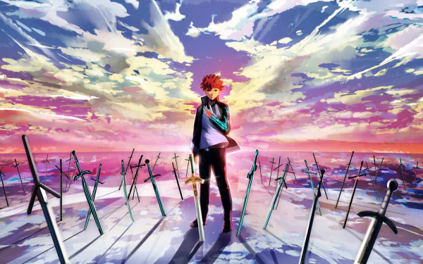 Shirou Emiya stands amidst a field of swords under a dramatic sky in this HD desktop wallpaper from *Fate/Stay Night: Unlimited Blade Works*.