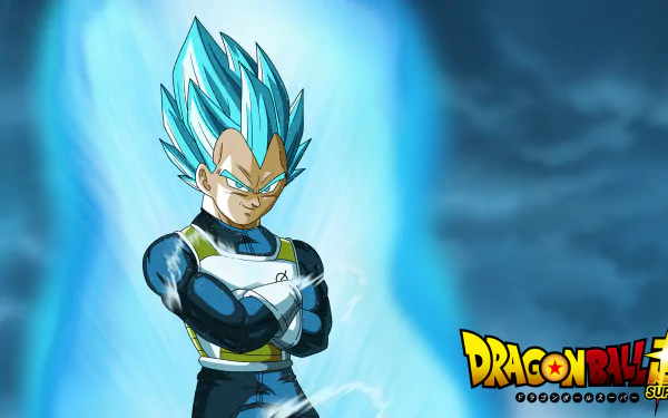 HD wallpaper featuring Vegeta from Dragon Ball Z and Dragon Ball Super, displaying his powerful blue aura against a dramatic sky backdrop, with the Dragon Ball Super logo on the bottom right.