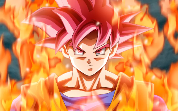A high-definition desktop wallpaper featuring Goku in his Super Saiyan God form from Dragon Ball Super. Goku stands intensely with fiery red hair, surrounded by flames.
