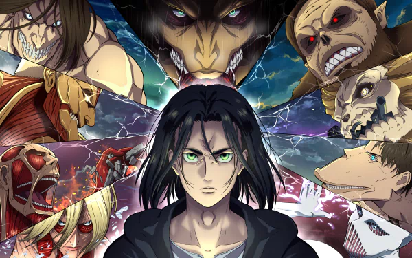 A dramatic 8K Ultra HD wallpaper featuring Eren Yeager from Attack on Titan, surrounded by iconic Titans, capturing a moment of intensity and conflict in the anime series.