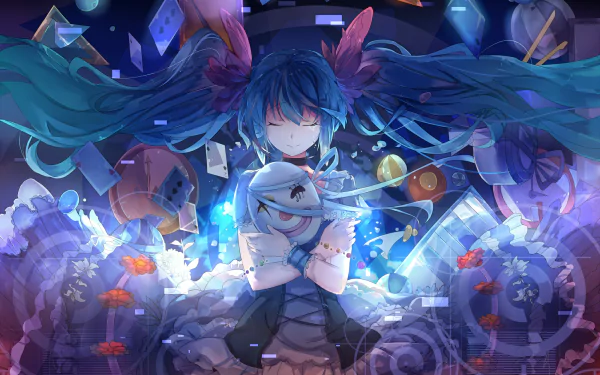 HD desktop wallpaper featuring Hatsune Miku, a Vocaloid character with twintails and blue hair, surrounded by a whimsical, digitally inspired environment.