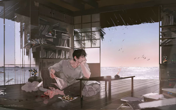 HD desktop wallpaper featuring Toji Fushiguro from Jujutsu Kaisen, sitting contemplatively in a breezy, sunlit room overlooking the sea.