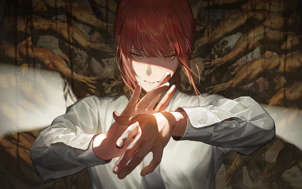 HD desktop wallpaper featuring Makima from the anime Chainsaw Man, with a dramatic shadow and intense expression, set against a dark, mysterious background.