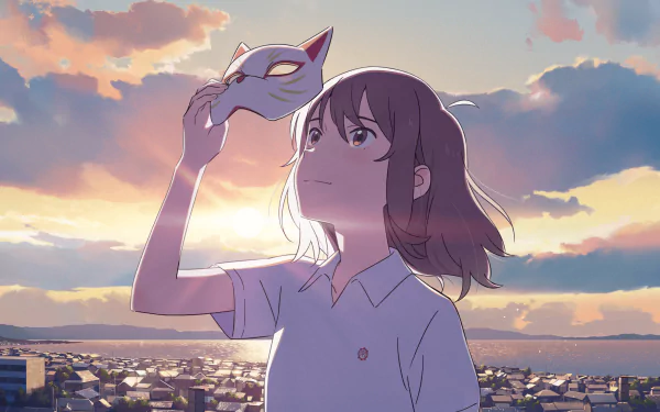 HD desktop wallpaper featuring Miyo Sasaki from Nakitai Watashi wa Neko wo Kaburu (A Whisker Away), an anime. She is holding a mask with a sunset and town in the background.
