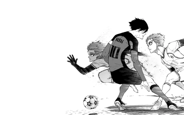 HD anime desktop wallpaper featuring Itoshi Sae and Rin Itoshi from Blue Lock in dynamic soccer action with monochrome tones and detailed shading.