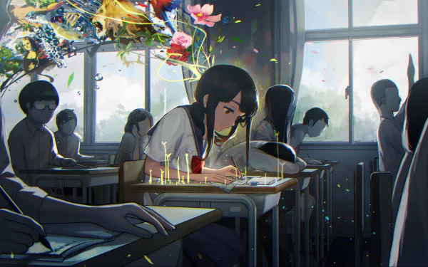 Anime girl in school uniform sitting at a desk in a classroom, surrounded by colorful imaginative elements. High-definition desktop wallpaper and background.