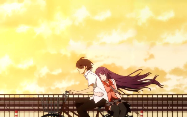 Anime scene featuring Hitagi Senjōgahara and Koyomi Araragi from Bakemonogatari series, riding a bike during a sunset. The background is a vibrant, high-definition golden sky, highlighting their journey.