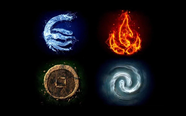 HD wallpaper featuring elemental symbols from Avatar: The Last Airbender anime, with water, fire, earth, and air depicted against a dark background.