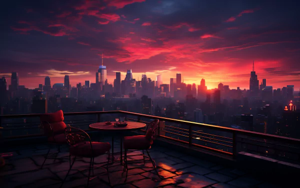 HD wallpaper featuring a vibrant city skyline at sunrise, viewed from a balcony with outdoor seating.