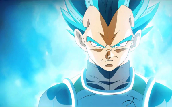 HD desktop wallpaper of Vegeta from Dragon Ball Super, showcasing his powerful aura with intense blue lighting in the background.