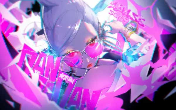 HD anime desktop wallpaper featuring Seiko Ayase from Dandadan with vibrant neon pink and purple tones and dynamic, futuristic design elements.