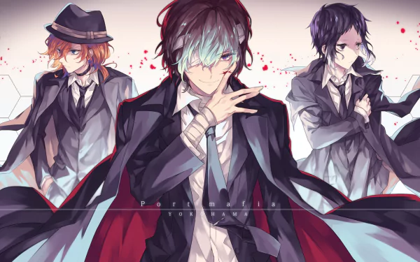 HD desktop wallpaper of three characters from the anime Bungou Stray Dogs, featuring dramatic poses and detailed outfits.