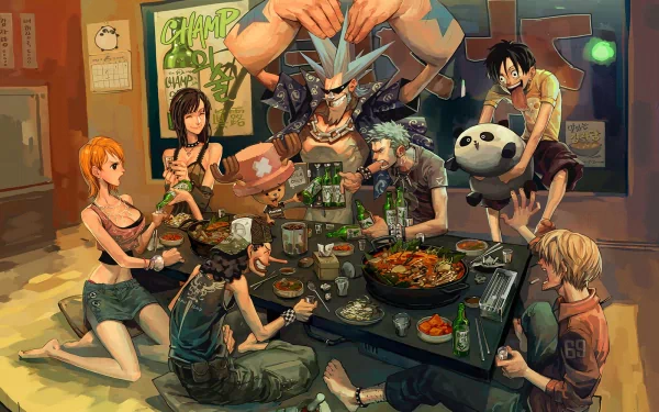 HD desktop wallpaper featuring characters from the anime One Piece enjoying a meal together in a lively setting.