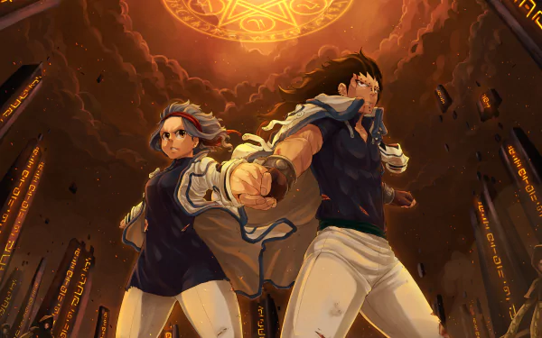 Gajeel Redfox and Levy McGarden stand united in a dramatic moment from the anime Fairy Tail, set against a captivating HD backdrop of swirling clouds and mystical symbols.