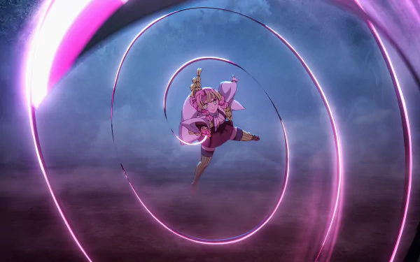 Mitsuri Kanroji from Demon Slayer: Kimetsu no Yaiba depicted in dynamic action with glowing pink spiral effects, in a 4K Ultra HD anime desktop wallpaper.