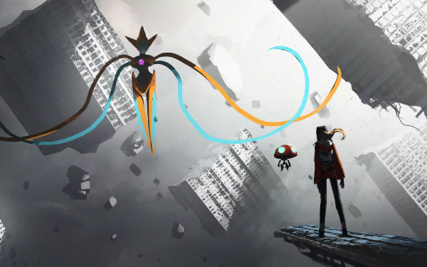 4K Ultra HD anime-style Pokémon wallpaper featuring Deoxys floating dramatically in a shattered cityscape with a trainer standing on a broken platform below.