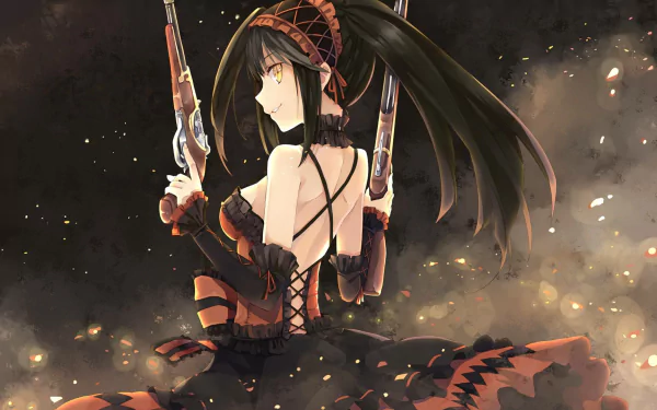 Anime character Kurumi Tokisaki from Date A Live, featuring black hair, yellow eyes and a smile, dressed in a headband and black and red dress, wielding pistols, with a sparkling dark background.