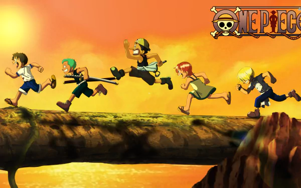 A vibrant HD desktop wallpaper featuring Monkey D. Luffy, Roronoa Zoro, Usopp, Nami, and Sanji from One Piece running across a log bridge at sunset. The One Piece logo is displayed in the top right corner.
