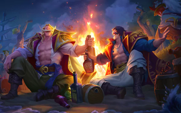 4K Ultra HD wallpaper featuring Buggy, Silvers Rayleigh, Shanks, Gol D. Roger, and Edward Newgate from the anime One Piece, gathered around a campfire at night.