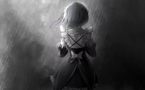 HD desktop wallpaper and background featuring Rem from Re:Zero - Starting Life in Another World, standing alone in the rain in a black and white scene.