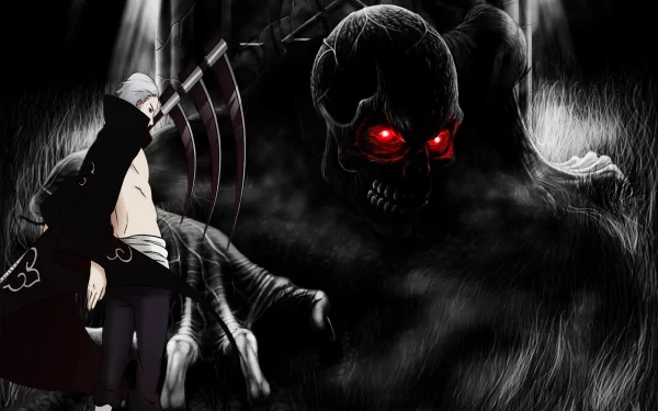 HD desktop wallpaper featuring Hidan from Naruto, with a dark, ominous background and a red-eyed skeletal figure.